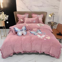 Bedding Sets Super Soft 210g Coral Fleece Warm Cosy Butterfly Embroidery Set Velvet Duvet Cover Quilt Comforter Bed Linen