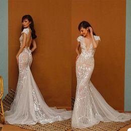 Sexy 2023 Mermaid Wedding Dresses Deep V Neck Lace Appliqued Short Sleeve Backless Wedding Dress Bridal Gowns robes de mariee B0916