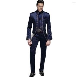 Мужские костюмы мужчины Slim Fit Итальянский вышитый атласный темно -синий для свадебного формального узкого стильного мужского пиджака Party Party Set2022