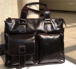 Briefcases Natural First Layer Cow Leather Men Handbags14" Laptop Bag Genuine Briefcase
