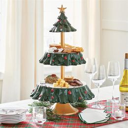 Christmas Decorations Exquisite Christmas Tree Shape Food Cake Pastry Server Stand 2-Tier Snack Display Stand Xmas Party Home Decoration Supplies 220916