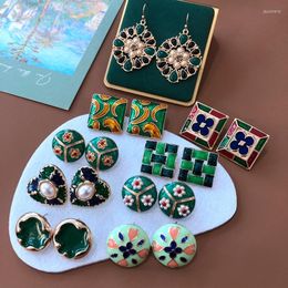 Stud Earrings Elegant Green Enamel Metal Imitation Pearl Irregular Geometric Painting Art Hollow Flowers Studs For Women