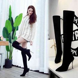 8663-5 Sandals Style Simple Boots Super High Heeled Suede Pointed Sexy Nightclub Slim Over Knee