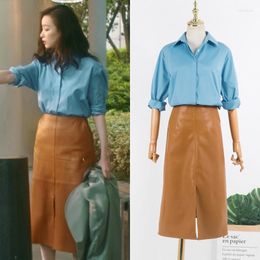Women's Tracksuits Kpop IU Seo Yea Ji Spring Temperament Blue Lapel Shirts Tops High Waist Knee-Length Slit Leather Skirts Women Two Piece