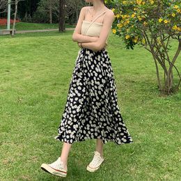 Skirts Woman 2022 Korean Style Summer Skirt High Waist Floral Falda Saia Long Maxi Vintage Vetement Ropa Mujer Clothes Black