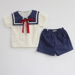 Clothing Sets Summer Korean Style Baby Boys Girls Sailor Collar Cotton Linen Clothes Sets T-shirtShorts Baby Boys Girls Clothing Suit 220916