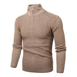 Men s Sweaters Knitted Pollovers Autumn Winter Slim Zipper Mock Neck Knitwear Pullover Causal Solid Color Warm Male 220916