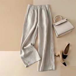 Women's Pants Capris Lucyever Cotton Linen Pants for Women Vintage Solid High Waist Wide Leg Pants Woman Summer Casual Loose Straight Trousers 220916