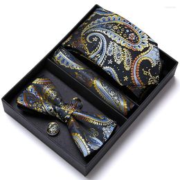 Bow Ties Wholesale Gift Box Tie Bowtie Hanky Cufflinks Set For Men Silk Blue Necktie Gravate Handkerchief Father