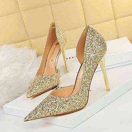3165-2 Sandals Fashion Sexy Nightclub Slim Thin Heel High Shallow Mouth Pointed Side Hollowed Out Shining Sequin Single Shoes