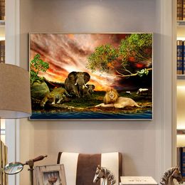 Wild Lions Elephant Tree Animal Landscape Canvas Painting Cuadros Posters and Prints Cuadros Wall Art Picture for Living Room