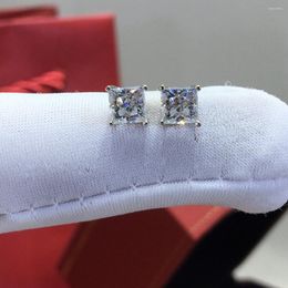 Stud Earrings Real Silver 925 Original Diamond Test Past Total 1 Carat Princess Cut D Colour Moissanite Square Gemstone Gift