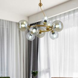 Pendant Lamps Nordic Simple Golden Metal Chandelier Postmodern Magic Bean Design Amber Glass Living Room Decoration LED Molecular Lighting