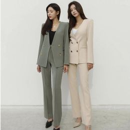 Women's Two Piece Pants Spring Autumn Women's Office Suit V-Neck Green Two-Piece Sets Female Blazer Girly Elegant Temperament Pantsuit