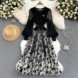 Celebrity Goddess Style Dress Temperament High end Heavy Industry Embroidery Bubble Sleeves Mesh Splice Knitted Two Piece False Dress