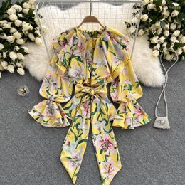 Women's Blouses Ruffles Shirts Women Lantern Sleeve Pink Flower Woman Long Yellow Floral Tops Ladies