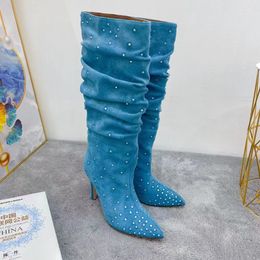 Designer de luxo Mulheres botas de inverno strass preto shiny shiny pontado de pé sexy estiletto de couro genuíno altos botas eu42 com caixa