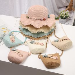 Berets Summer Child Straw Hat 2-8 Years Baby Girls Cap Matching Bag Korean Sun Protection Shade Flower Pot Beach