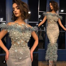 Sexy Grey Prom Dresses Illusion Off Shoulder Crystal Beads Feather 3D Floral Flowers Mermaid Ankle Length Evening Party Gowns Special Ocn Wears 403