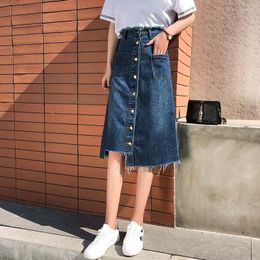 Skirts Jean Women Korean Style High Waist Asymmetrical Denim Skirt Vintage Single-breasted Cowboy Midi