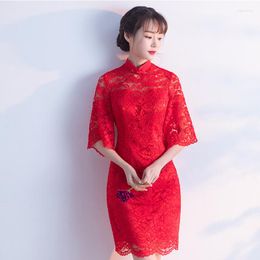 Ethnic Clothing Red Sexy Lace Short Cheongsam Summer Vintage Chinese Style Mini Dress Womens Qipao Slim Party Dresses Button Vestido S-4XL