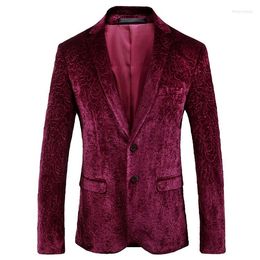 Men's Suits Wine Red Velvet Blazer Jacket Burgundy Suit Costume Homme Men Mens Stage Wear Floral