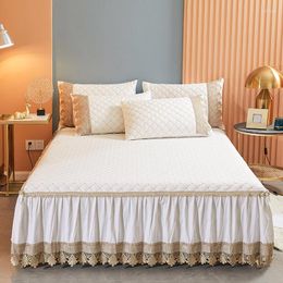 Bed Skirt Luxury Solid Color Cotton Quilted Embroidery Lace Ruffles Mattress Cover Bedspread Pillowcase Nordic Size Bedding