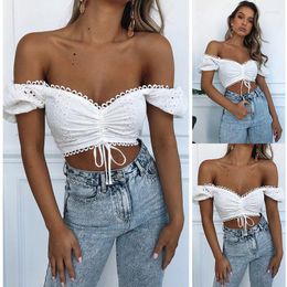 Women's T Shirts Summer 2022 Women's Tops Off Shoulder Fashion Ladies Hollow Out Lace Up Chest Vest Elastic Back Short Garment For