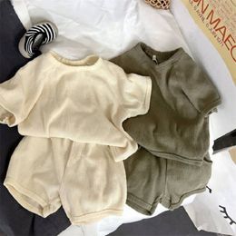 Clothing Sets Children's suit summer girl knitted short-sleeved T-shirt top boys and girls simple cotton striped short-sleeved shorts suit 220916