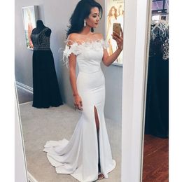 Feather Split Mermaid Evening Dresses Off The Shoulder Hand Made Flower Satin Gowns Simple Womens Long Prom Party Dress 328 328