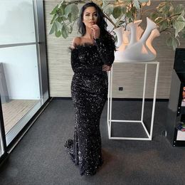 Sequined 2023 Black Lace Sexy Evening Dresses Wear Mermaid One Shoulder Long Sleeves Feather Women Party Formal Prom Gowns