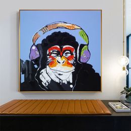 Poster Oil Painting Printed on Canvas Animal Abstract Thinking Monkey Gorilla With Headphone Wall Pictures for Kids Room Decor