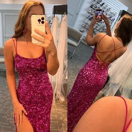 Glitter Mermaid Evening Dresses Sexy Spaghetti Strap Sleeveless High-Split Formal Party Dress Backless Full Sequins Sweep Train Prom Gown 2023 328 328