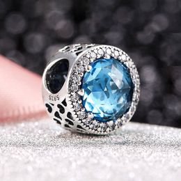 925 Sterling Silver Sky Blue Radiant Hearts Charm Bead Fits European Pandora Style Jewelry Charm Bracelets