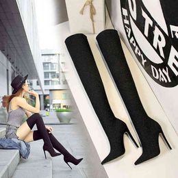 125-2 Sandals Style Fashion Super High Heel Thin Pointed Sequin Cloth Shiny Nightclub Sexy Knee Boots