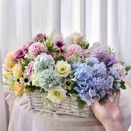 Faux Floral Greenery Bouquet Hydrangea Artificial Silk Flower Bridal Bouquet Artificial Flowers Wedding Home Decoration Artificial Flowers J220906