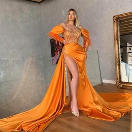 2023 Orange Mermaid Evening Dresses Long Sleeves Bateau Off Shoulder Feather Satin Floor Length Side Slit Beaded Appliques Sequins Party Prom Dress Vestidos Festa