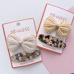 2 Pcs New Korean Sweet Girl Simple Striped Bow Hairpins Headwear Fashion Children's Floral Fabric Oval BB Clip Hair Accessories