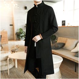 Men's Wool Blends Trench Coat Men Fake two Pieces Cardigan Kimono Coat Male Long Chinese Style Black Loose Vintage Cotton Linen 220915