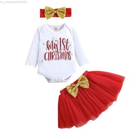 Special Occasions Citgeett Autumn Christmas Kids Girls Clothes Set Letters Printed Pattern Romper Red Yarn Skirt and Headdress Xmas Clothing L220915