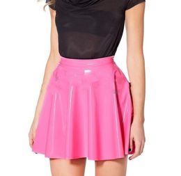 Fashion womens Catsuit Costumes PVC Faux Leather A-line Pink Mini Dress Cute Girl Sexy Skirt