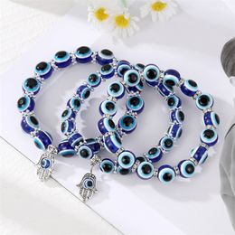 Classic Blue Evil Eyes Palm Butterfly Pendant Bracelet Wishing Elastic Rope Chain Resin Beads Bracelet For Women Jewelry Gift