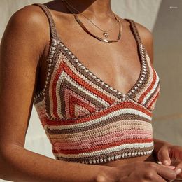 Women's Tanks Colourful Striped Knitted Cami Top 90s Vintage Summer Beach Boho Sexy Sleeveless Spaghetti Strap Crop Women Y2K Aesthetic