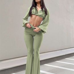 Women's Pants Capris Solid Green High Waist Woman Flare Pants Vintage Full Length Elastic Flared Trousers For Women Fashion Women Clothing Streetwear 220916