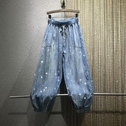 Women's Jeans Spring Autumn Women's Thin Coloured Diamond Rhinestones Loose Elastic Waist Girls Ladies Denim Harem Pants