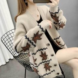 Women's Sweaters Brand Designer Knitted Cardigan Beautiful with Maple Leaf Pattern V-neck Button Khaki Ladies Sweater