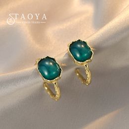 2022 New French Retro Dark Green Geometric Gem Metal C-shaped Earrings Luxury Accessories For Woman Korean Fashion Jewellery Party