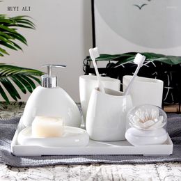 Bath Accessory Set White Ceramic Bathroom Accessories Seoothbrush Holder /Soap Dispenser/Wedding Gift/Melamine Tray/Toothpick Holder/Cotton