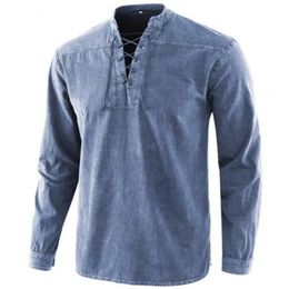 Men s T Shirts Spring Autumn Vintage Stand Collar Solid Colour Long Sleeve Causal Fashion Cotton ops ees s Clothing 220916