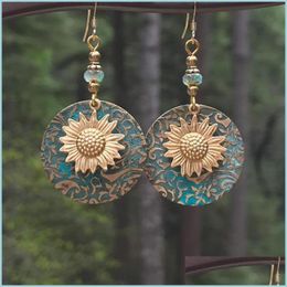 Dangle Chandelier Dangle Chandelier Sunflower Earrings Blue Round Ear Pendants Lady Double Deck Earring Fashion Bohemia Jewellery Retr Dhaos